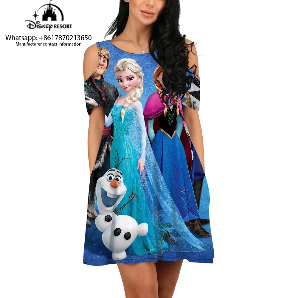 

Round neck printed dress Frozen cartoon printed new casual off-shoulder dress female cartoon printed dress