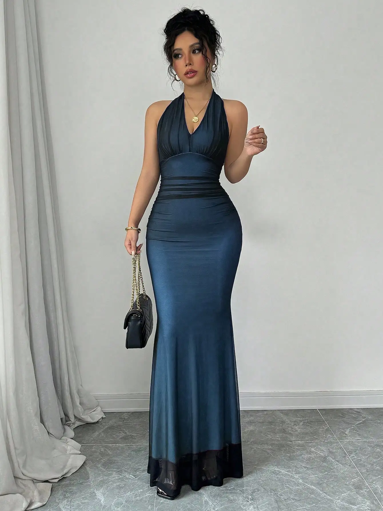 라페리자 우아한 바디콘 피쉬테일 메쉬 로즈 레드 안감 롱 드레스 여성용