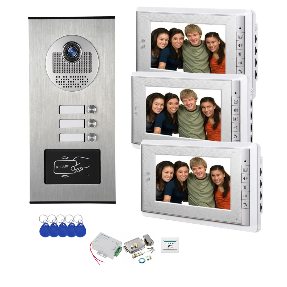 RFID Unlock Building Video Door Phone 2-6 Units Apartment Video Intercom System Electric Lock Access Video Doorbell Protect Kits