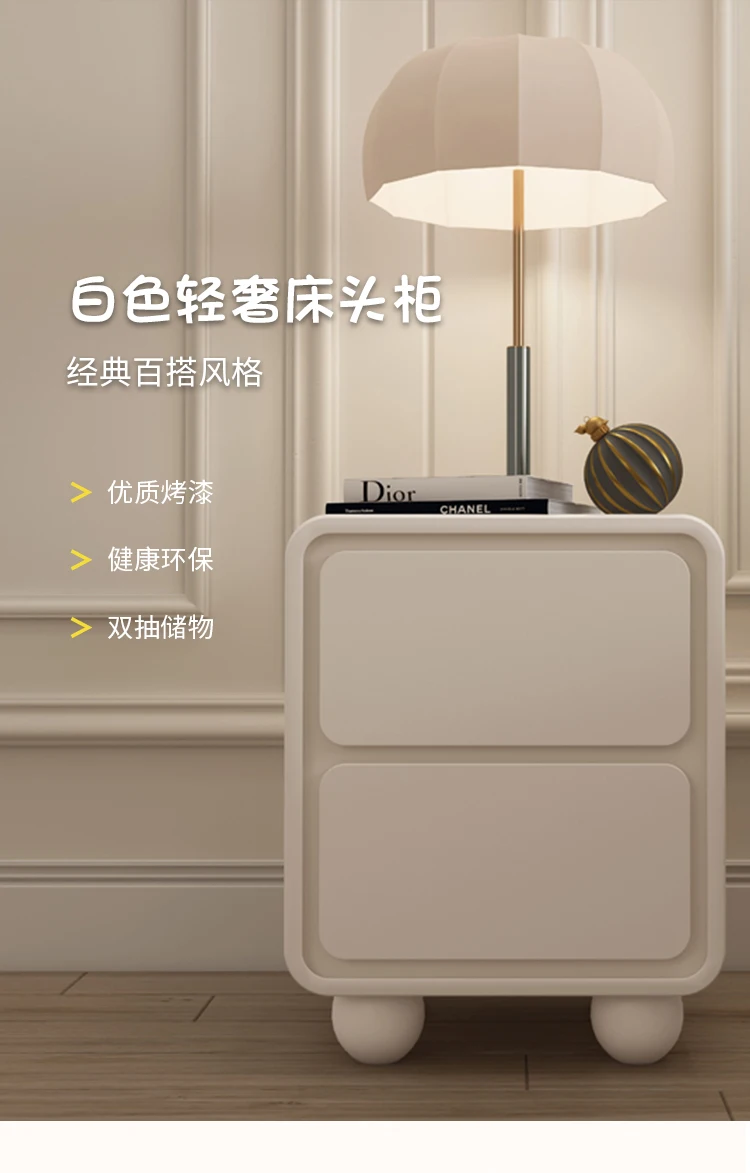 Cream wind bedside table white solid wood piano paint bedside table modern simple storage cabinet
