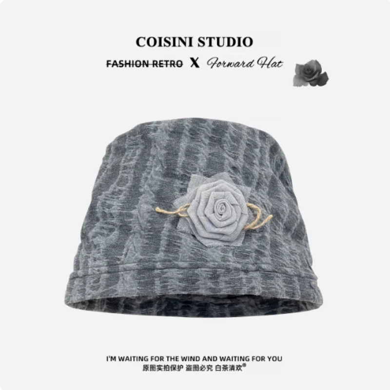 Japanese Niche Three-dimensional Flower Pleated Bucket Hat for Women Spring and Summer Big Head Y2K Temperament Flat Top Sun Cap