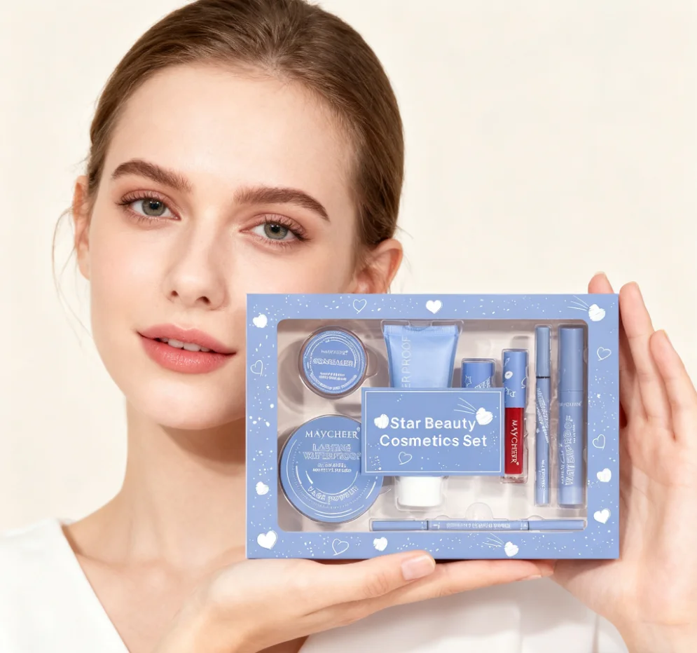 MAYCHEER Heart-to-Heart Beauty Makeup Set (8-Piece) - Mascara, Pressed Powder, Lipstick, Eyeliner & Cosmetic Kit