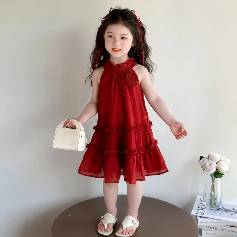 Girls' French Dress 2026 New Style Children's Summer Red Princess Beautiful Dress Baby Fashion Solid Color Kidsdress