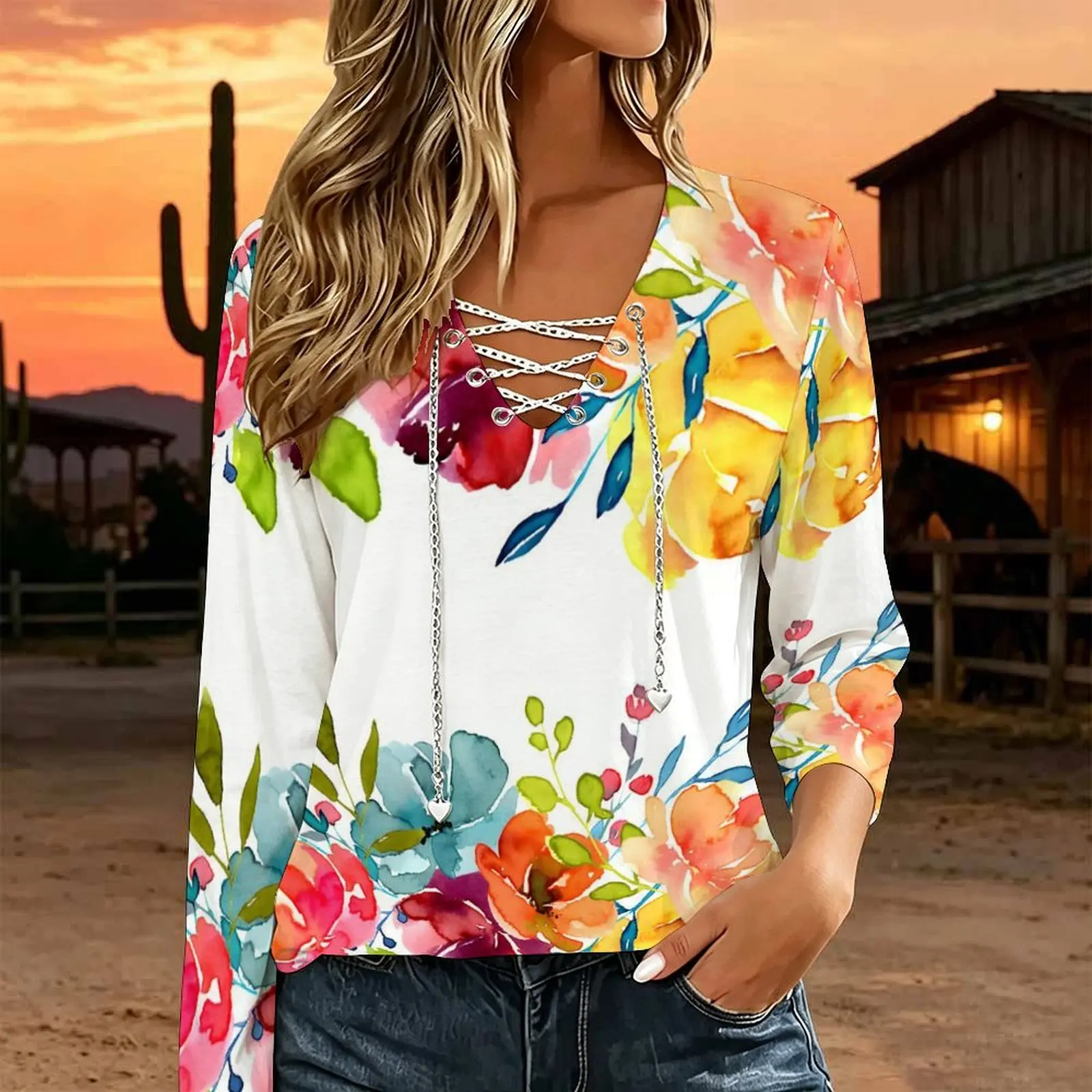 Blusa Casual Holgada para Mujer con Cuello en V, Manga Larga, Cadena Metálica, Cordones Cruzados, Recortes y Estampado Personalizado, Estilo Western