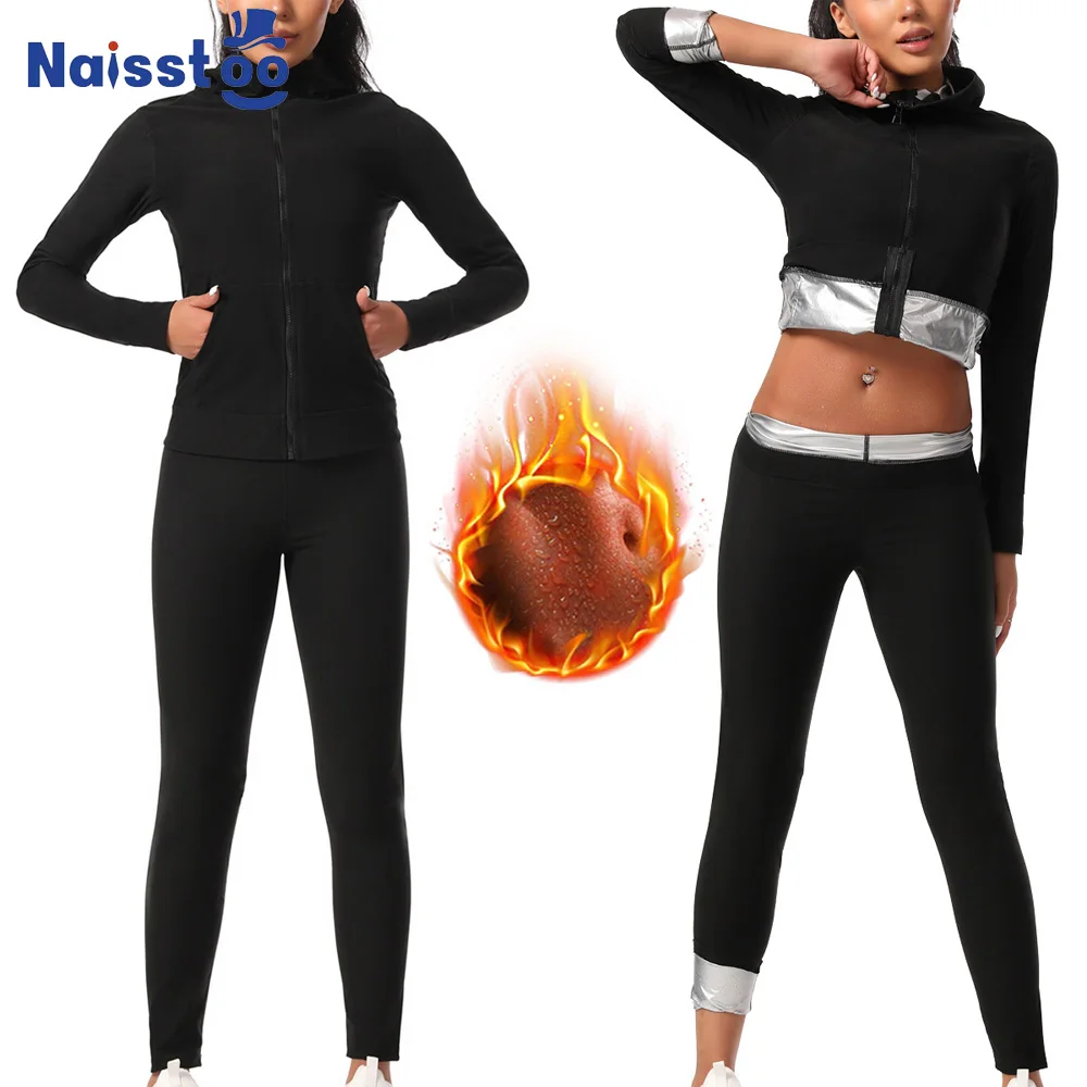 Naisstoo Women Sauna Sweat Suit for Weight Loss Long Sleeves Workout Shirt and Sauna Pants Waist Trainer Fat Burn Slimming Suit