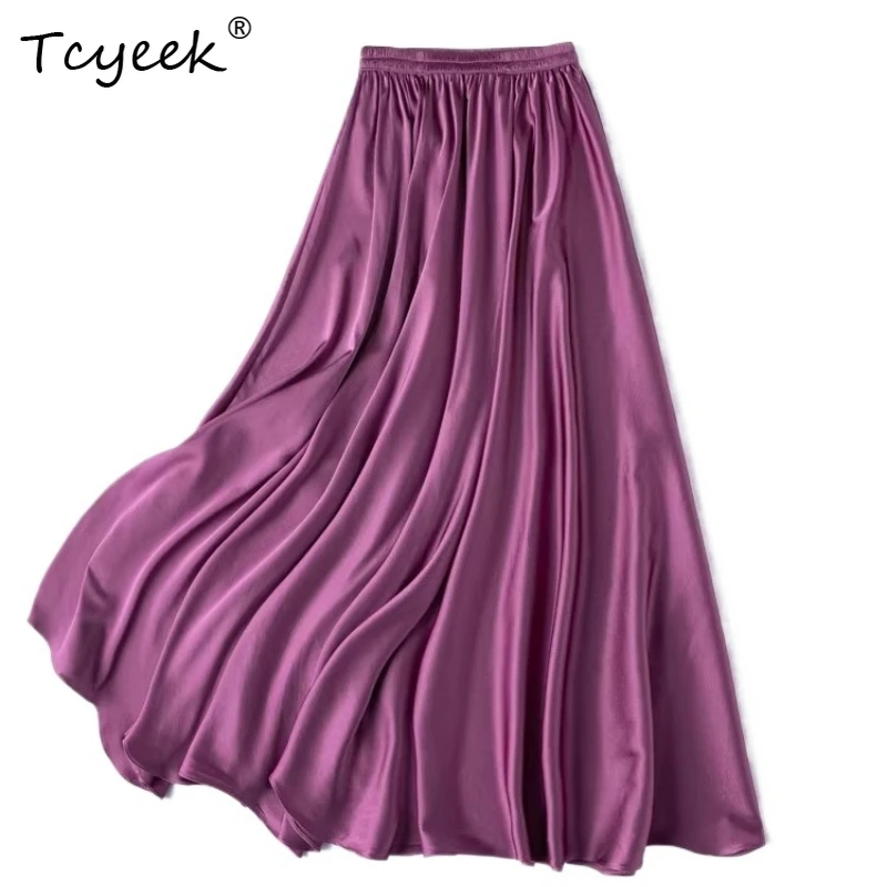 Tcyeek 92% Real Silk Long Skirts 21MM Silk Women Clothes 2026 Summer Elastic Waist Stretchable Elegant Skirt Faldones Para Mujer
