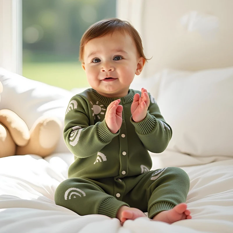 

Spring Kids Baby Boy Jumpsuits Cartoon Jacquard Knitting Toddler Girl Bodysuits 100% Cotton Newborn 0-1Y Girl Rompers Overalls