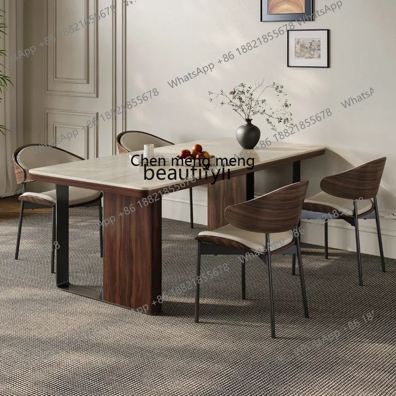Travertine rock slab dining table living room home light luxury retro simple restaurant solid wood high-end dining table view 5
