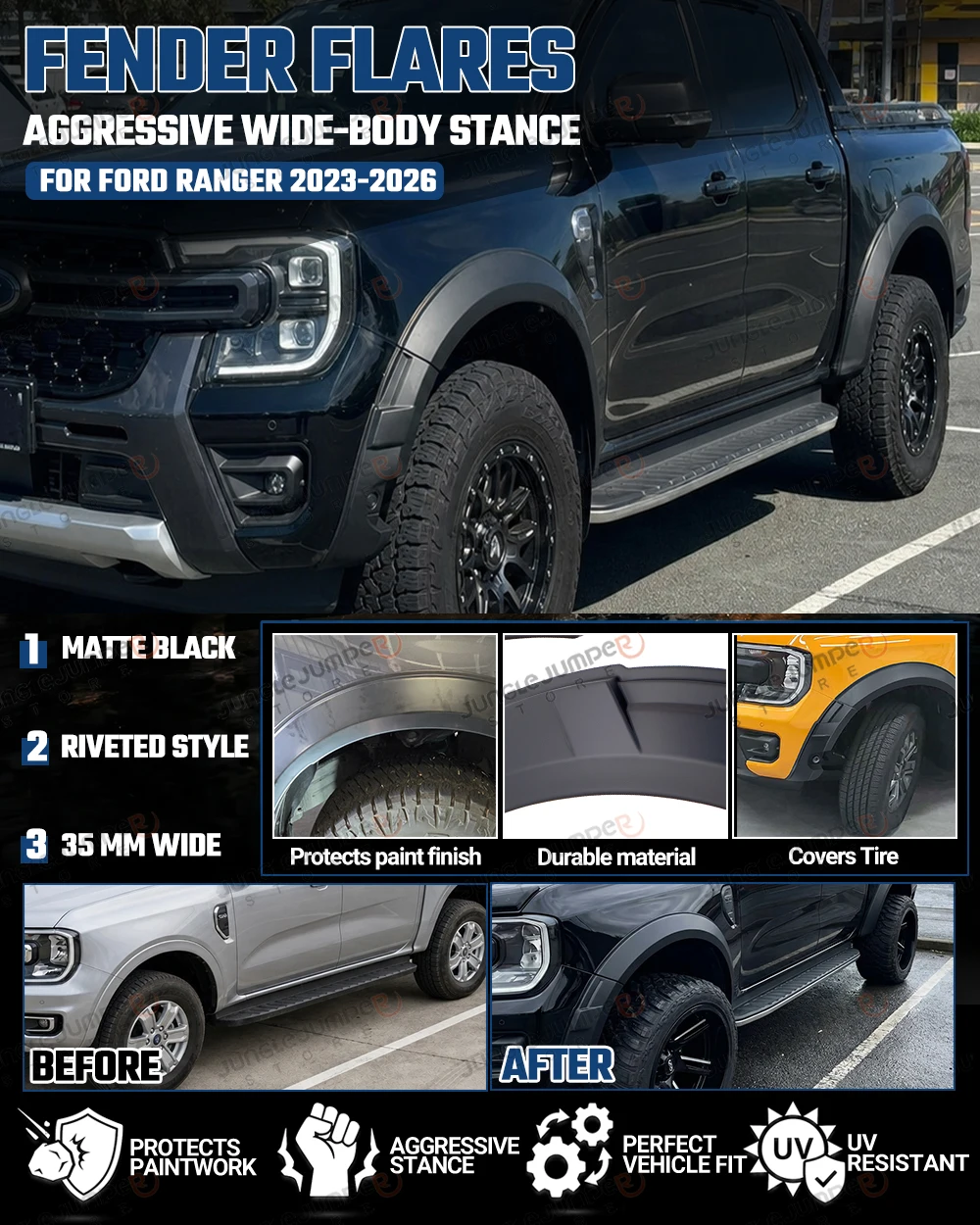 Fender Flares Wheel Arch For Ford Ranger Next Gen 2023 2024 2025 2026 Wildtrak with Parking Sensor Fender Flares Extend 6PCS SET