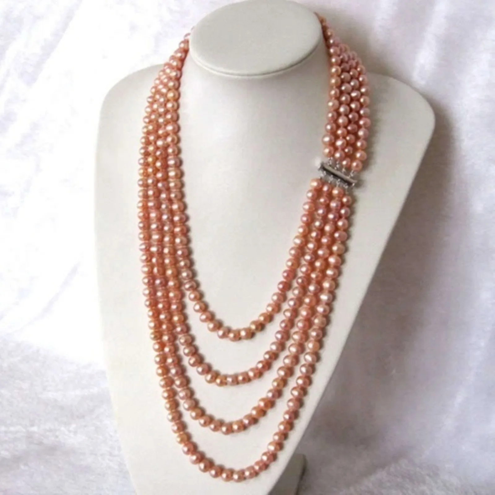 

Hand knotted 4 rows necklace natural 6-7mm pink freshwater pearl sweater chain nearly round pearl 22-28inch