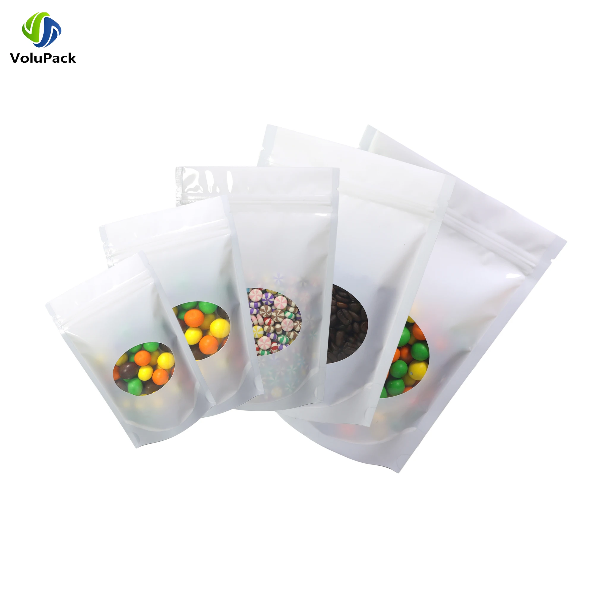 100pcs Glossy White Heat Seal Stand Up Zip Lock Pouches Reusable Smell Proof Oval Clear Window Pack Bag Aluminum Foil Mylar Bags