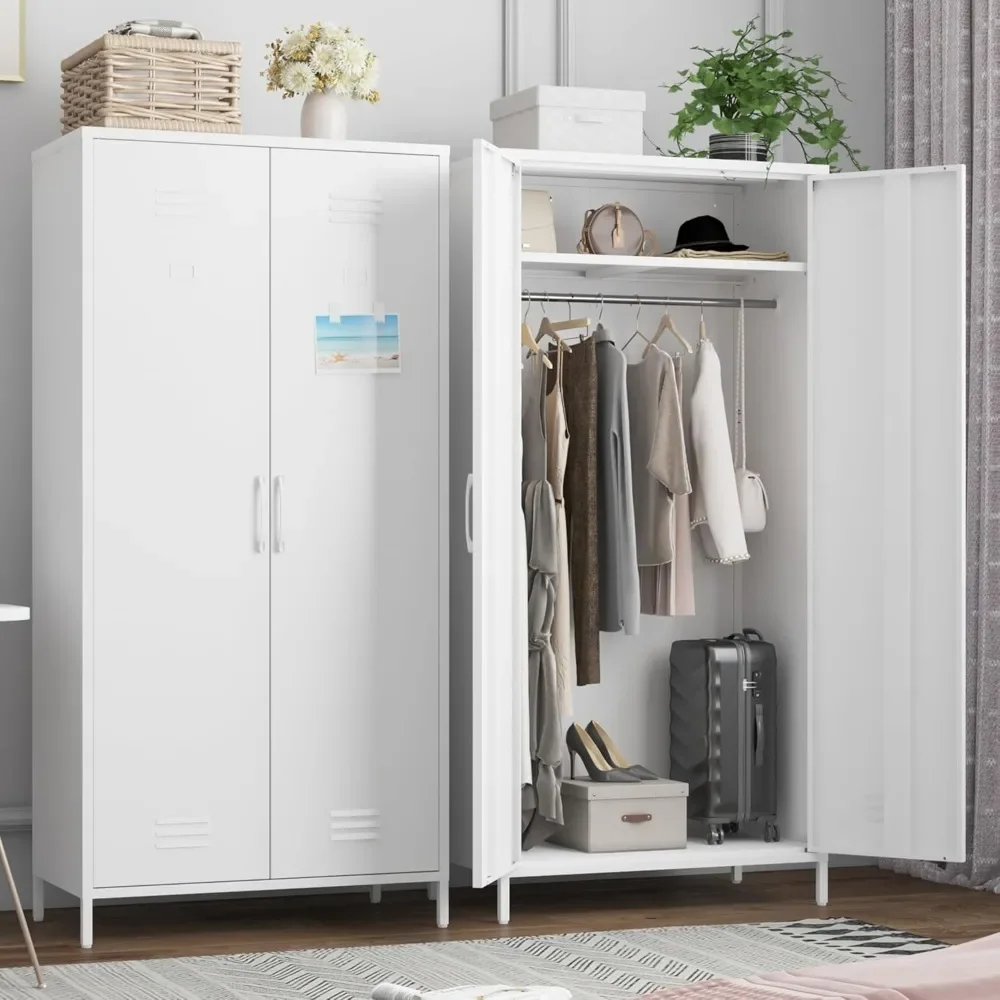 

Metal Armoire Wardrobe Closet, Heavy-Duty Rustproof Steel Storage Cabinet with Fixed Shelf and Hanging Rod