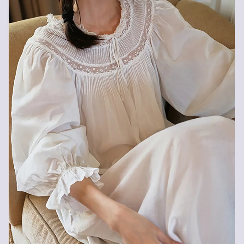 

Ночная сорочка-платье из 100% хлопка с французским кружевом, в стиле ретро, для женщин, осенняя одежда для дома и улицы