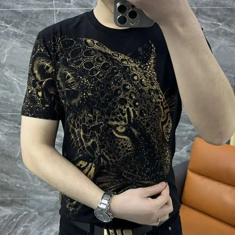 Trend Fashion American Casual Short Sleeve Bottom Summer Top Men Fashion Short Sleeve T-shirt Leopard Head Print Hot Diamond