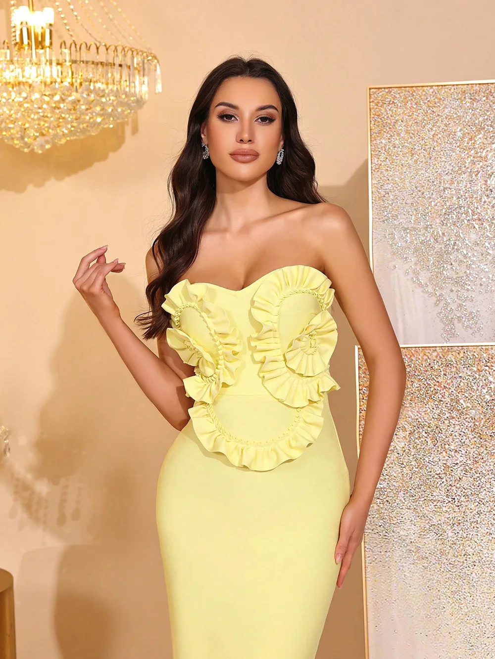

European And American Elegant Gowns Sleeveless Strapless Strapless Backless Lotus Leaf Edge Length Bandage Yellow Dress