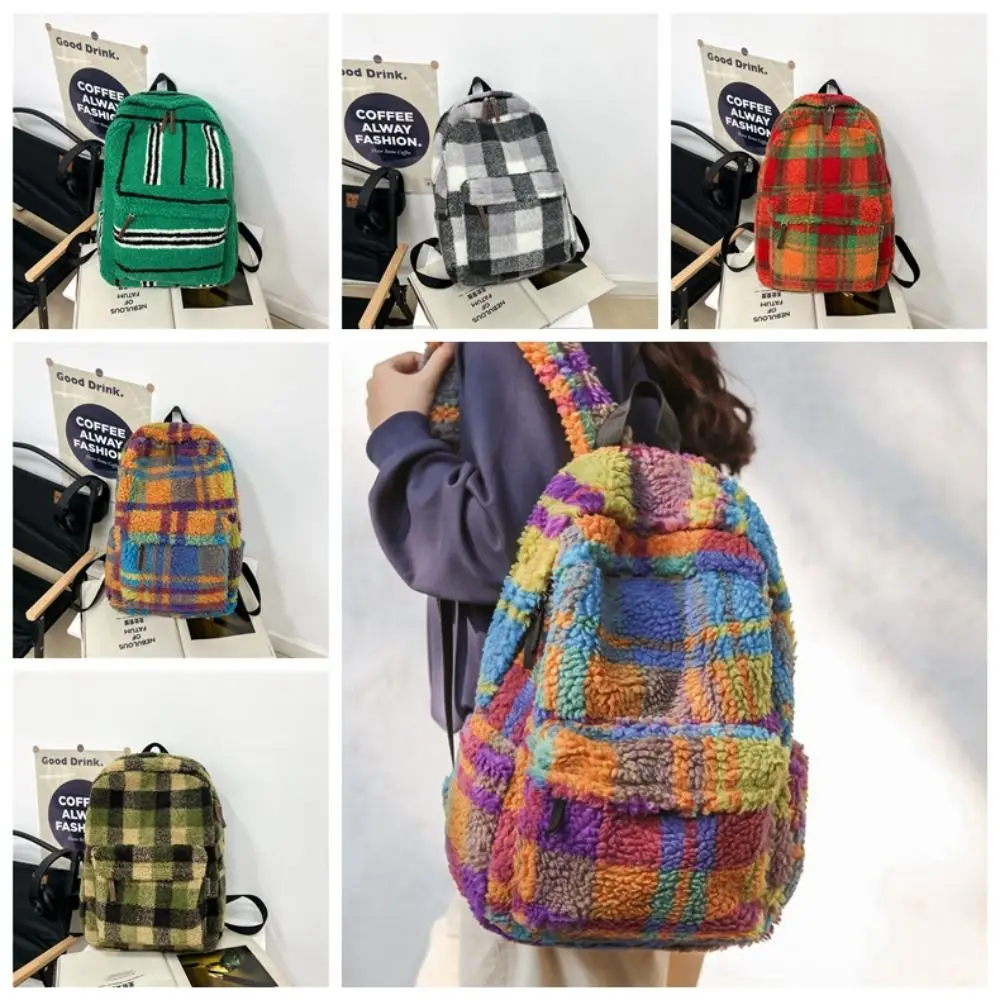 Tas ransel kotak-kotak, gaya Korea, warna-warni, kapasitas besar, tas ransel bulu domba, tas bahu trendi, tas siswa