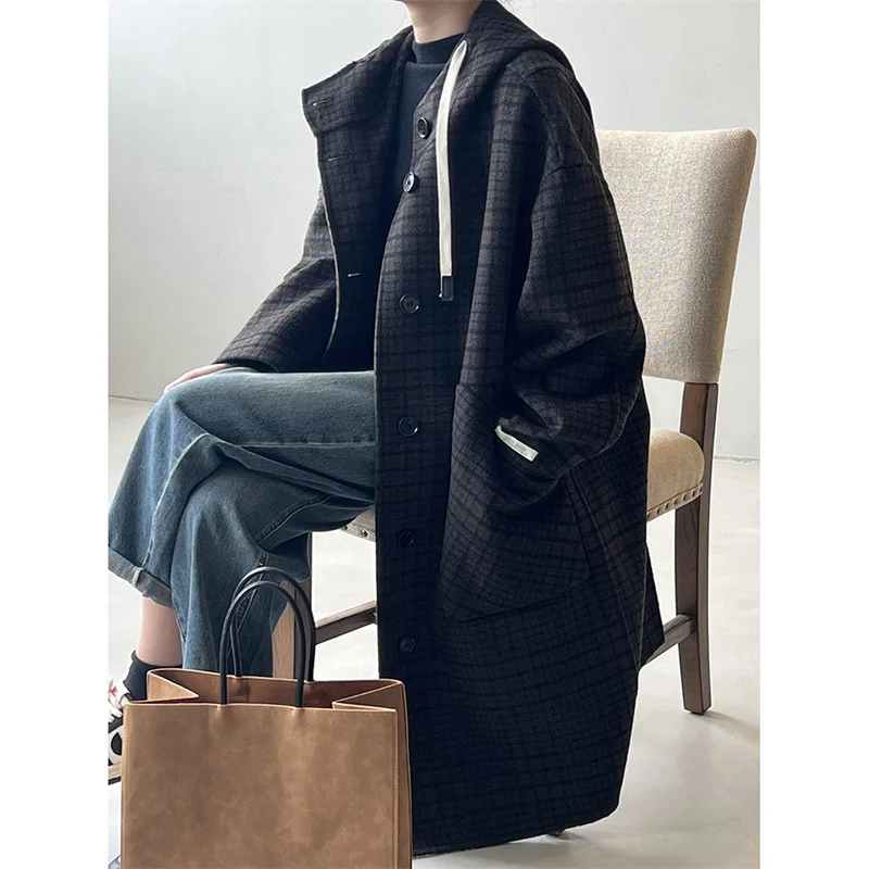 Checkered Wool Long Coat For Women's Winter New Loose Hooded Young Fashionable Woolen Coat C63