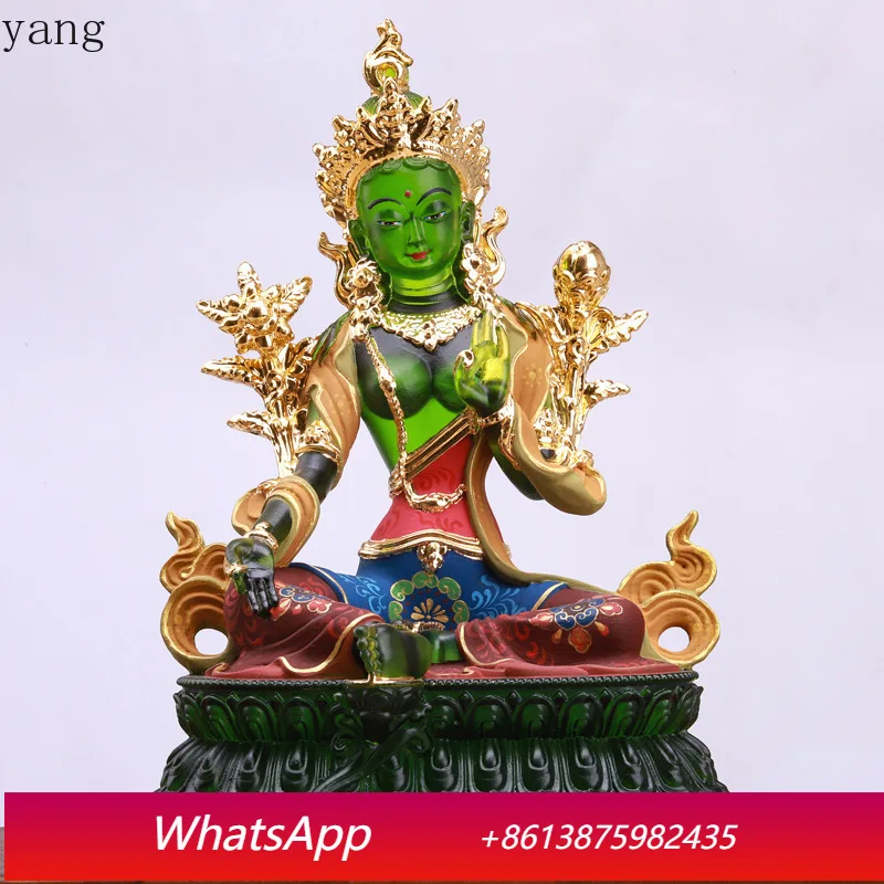 

LMM glazed green Tara Buddha statue ornament gold painted red skirt