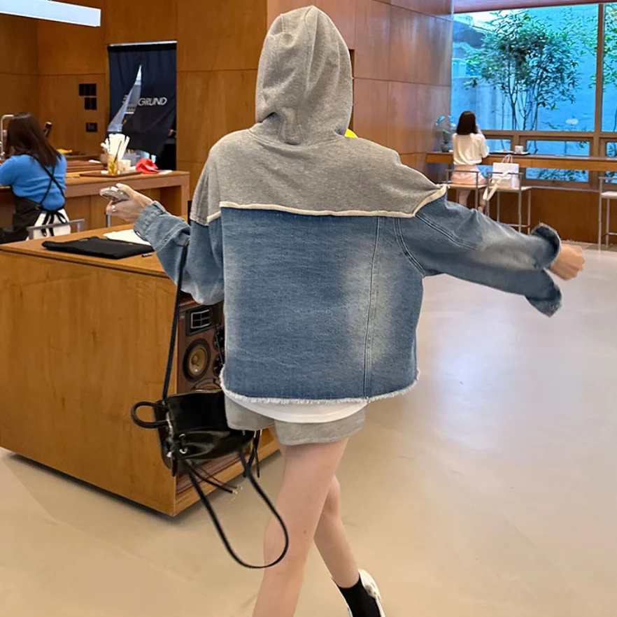 Patchwork Hooded Denim Jacket Crop Autumn Long Sleeve Winter Coat Women Korean Casual Botton Blue Jean Jackets Ovsize Streetwear