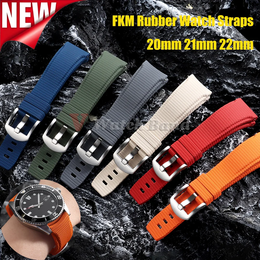 Neue Gebogene FKM Gummi-Uhrenarmbänder 20mm 21mm 22mm FKM Uhrenarmband Uhrenband Militär-Armband für Omega für Swatch Herren