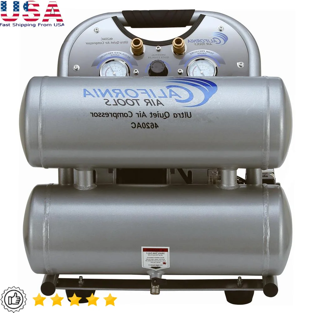 2.0 HP Ultra Quiet Oil-Free Air Compressor 4.6 Gallon Tank Portable 110v Low Noise 70 dB Heavy Duty Twin Tank Ideal Drilling Air