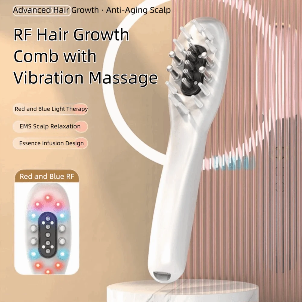 

3-in-1 Hair Oil Applicator for Scalp Portable with No-Drip Dispenser Hair Brush Red and Blue RF Electric Scalp Massager