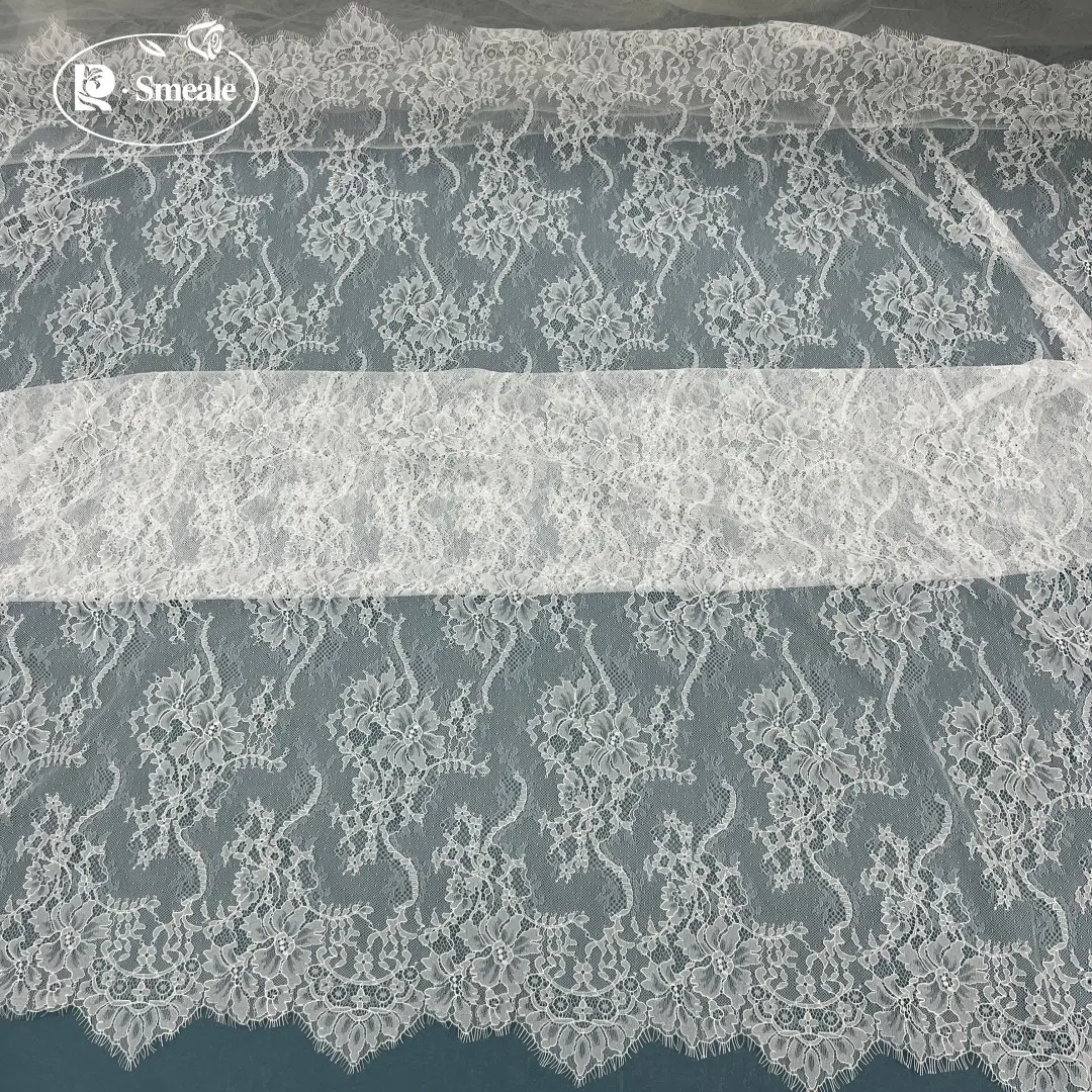 

White Soft French Lace Embroidery Light Transparent Mesh Lace Wedding Dress Dress Custom Clothing Fabric for Sewing