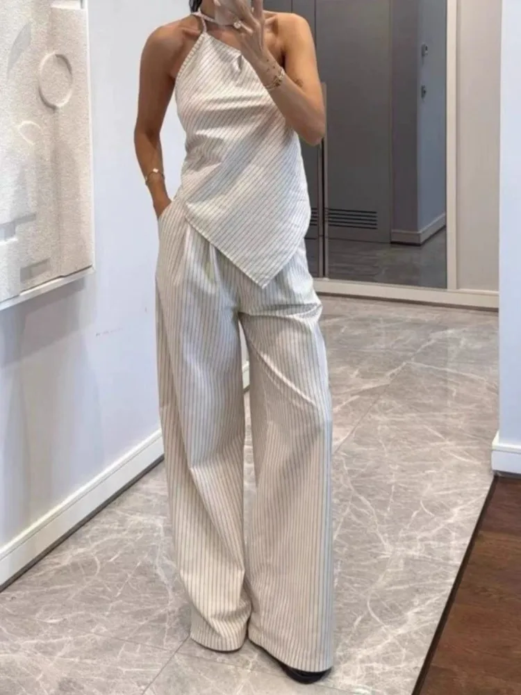 

Сексуальный полосатый комплект с открытой спиной для женщин, модные топы без рукавов на шнуровке + широкие брюки с высокой талией, комплекты из 2 предметов, женская праздничная одежда