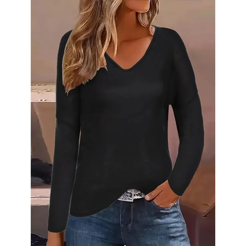

Plus Size Women's Summer New Casual Long Sleeved with V-neck Patchwork T-shirt Women Summer Fashion Solid Color T-shirt