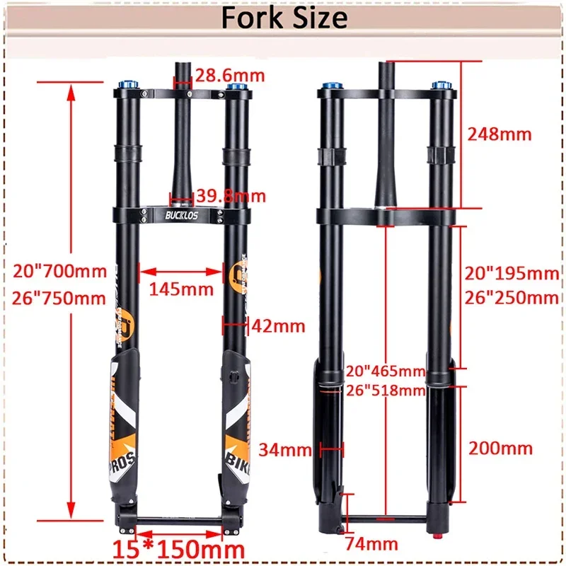 BUCKLOS Fat Air Suspension Fork 26*5.0 In Double Shoulder E-Bike Fork 180mm Travel Rebound BMX Snow Inverted Fork 20*5.0\