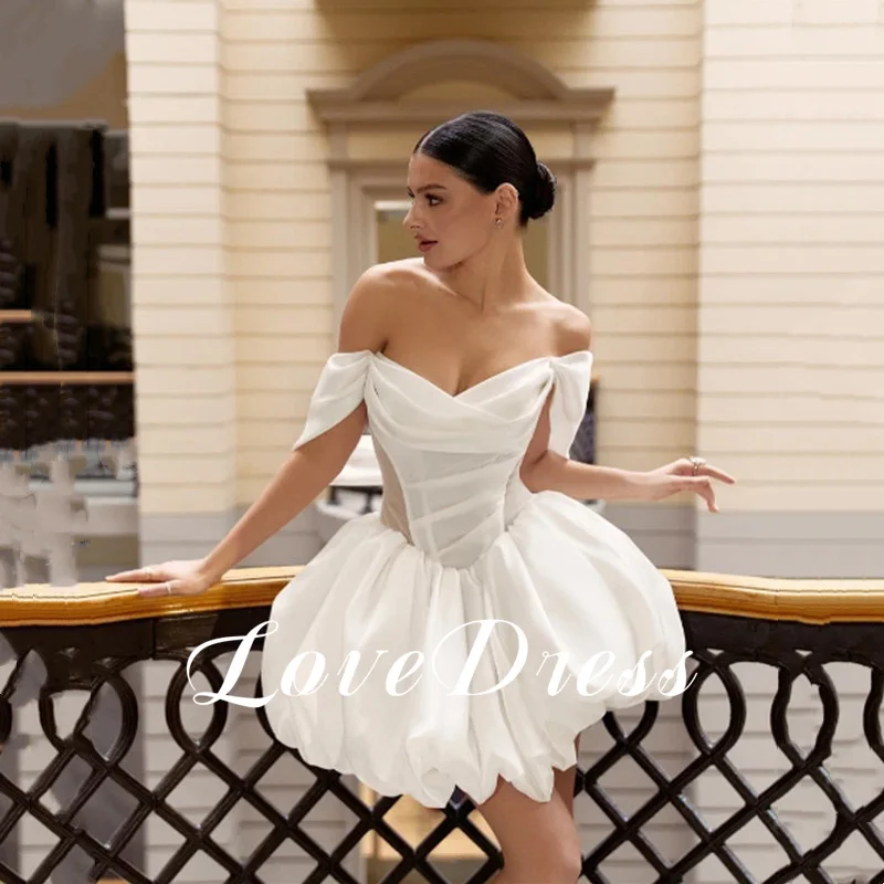 Simple Short Satin Wedding Dress Strapless Sleeveless Ball Gowns 2026 Off Shoulder Sexy Backless Pleated Mini Gowns Customized
