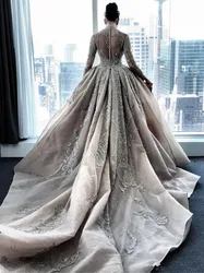 Luxury Crystal Beaded Mermaid Wedding Dresses With Detachable Train High Neck Transparent Long Sleeve Lace Bridal Gowns