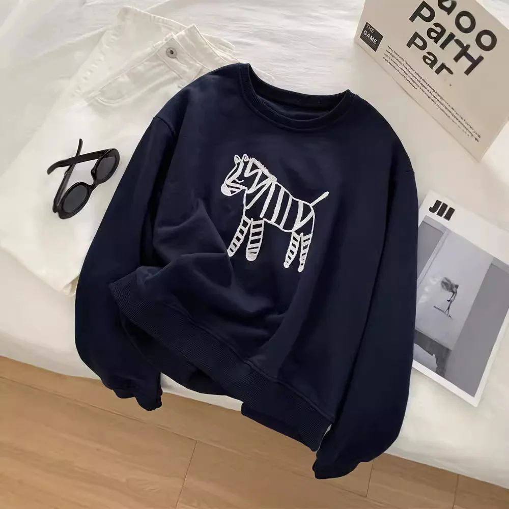 White Navy Blue Pony Jacquard Round Neck Sweatshirt Women Loose Korean Wool Cotton Pullover Top