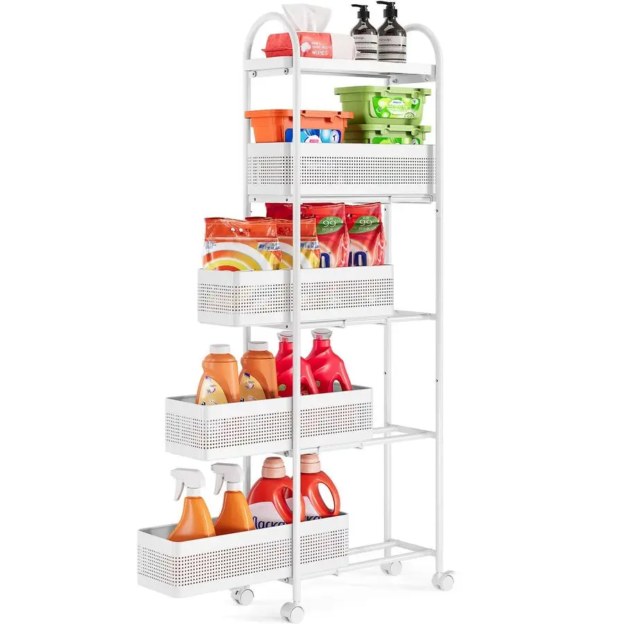 

5Tier Slim Storage Cart with Pull Out Basket, Rolling Bathroom Organizer Utility, Metal Shelving Unit Slide Out, Lockable Wheels