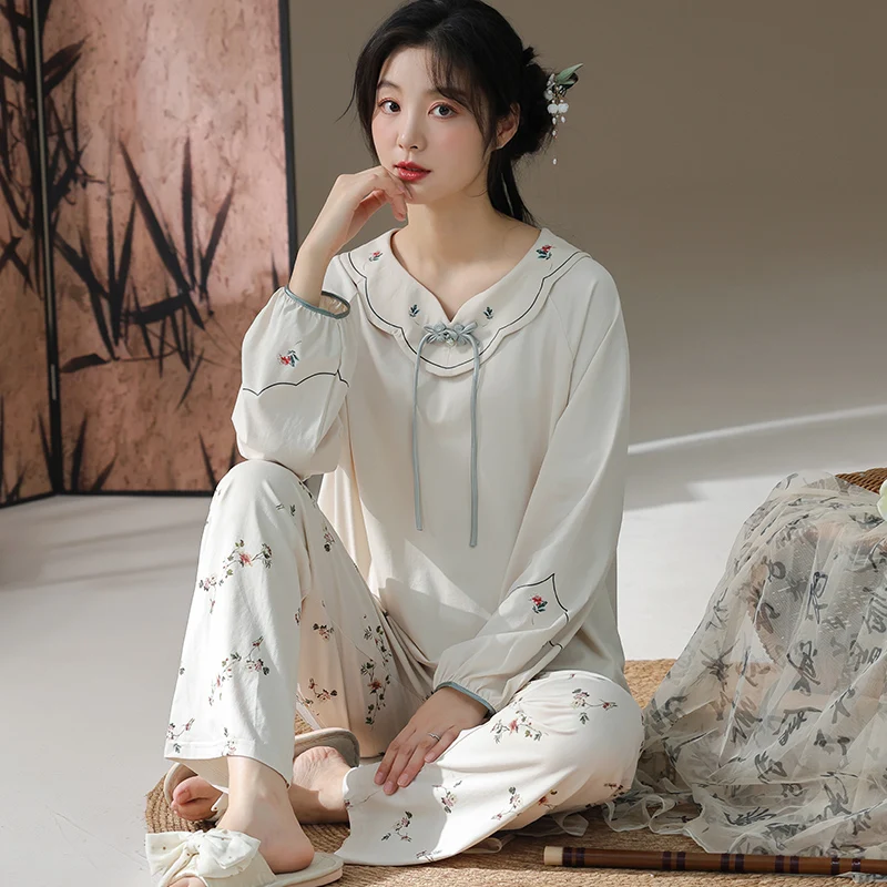 Autumn Cotton Women's pajamas Floral Women pajamas set Long Sleeve Round Neck Female Sleepwear pijama mujer Pyjamas