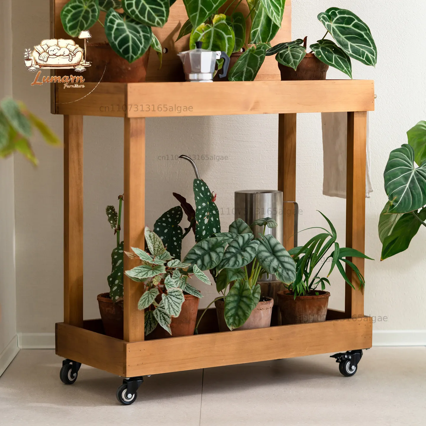 Solid wood green plant flower pot display stand against the wall floor shelf household balcony planting hole board movable cart