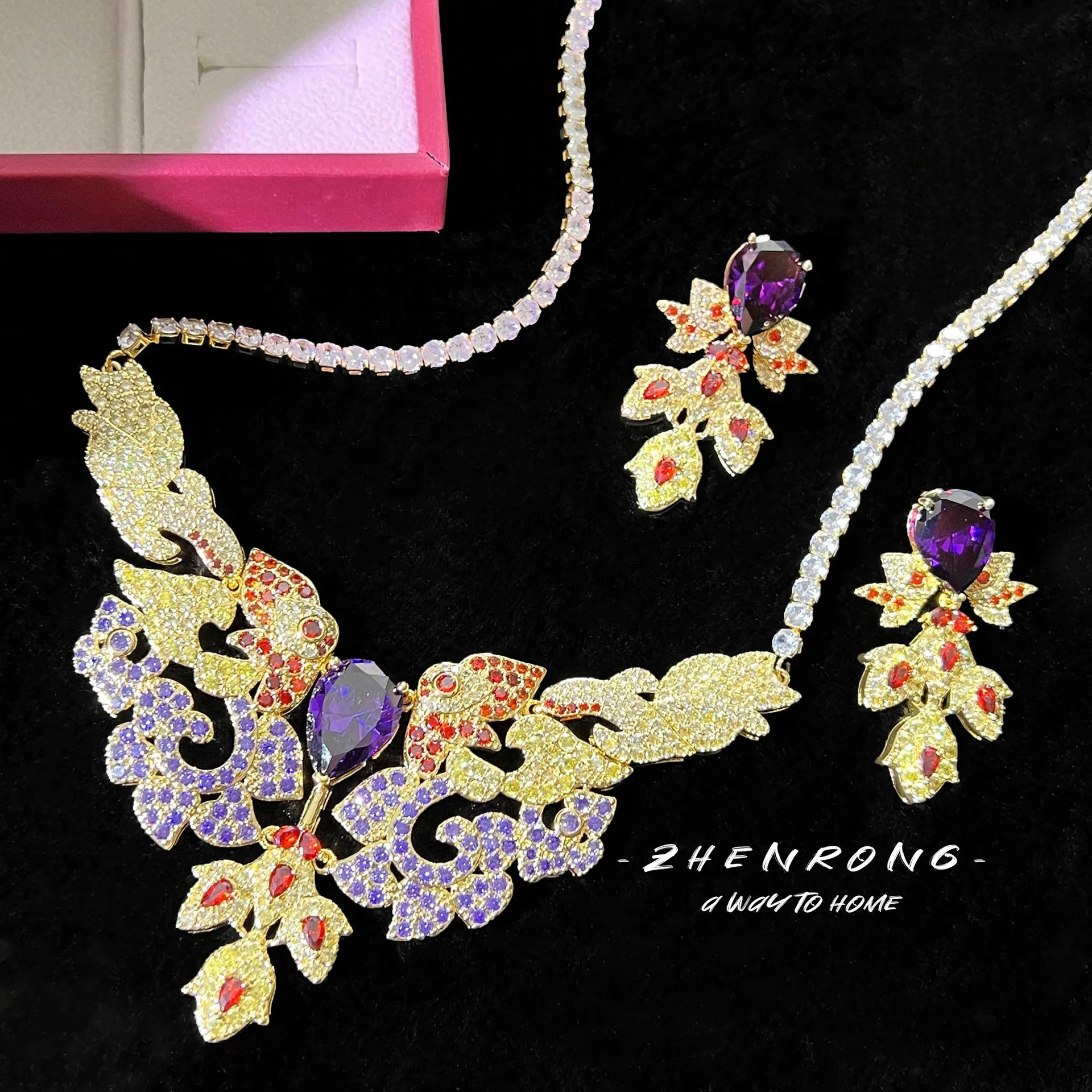 Foydjew New Fashion Gold Color Hollow Pattern Purple Crystal Pendant Necklaces Drop Earrings Bridal Ball Jewelry Sets For Women