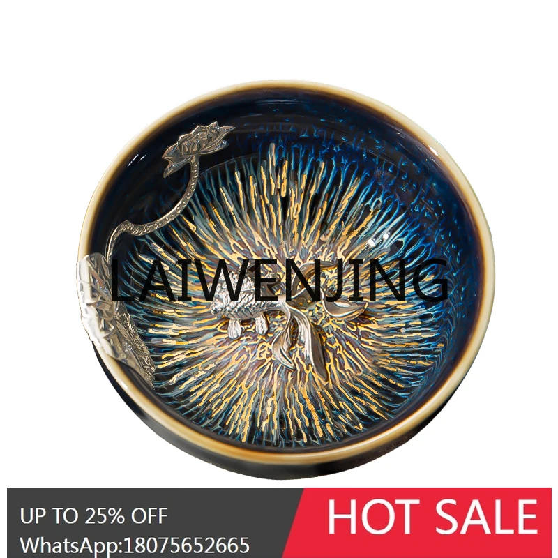 Silver Plated Gold Silk Temmoku Glaze Jian Zhan Teacup Pairs of Master Cup Rabbit's Hair Zodiac Signs Tea Cup