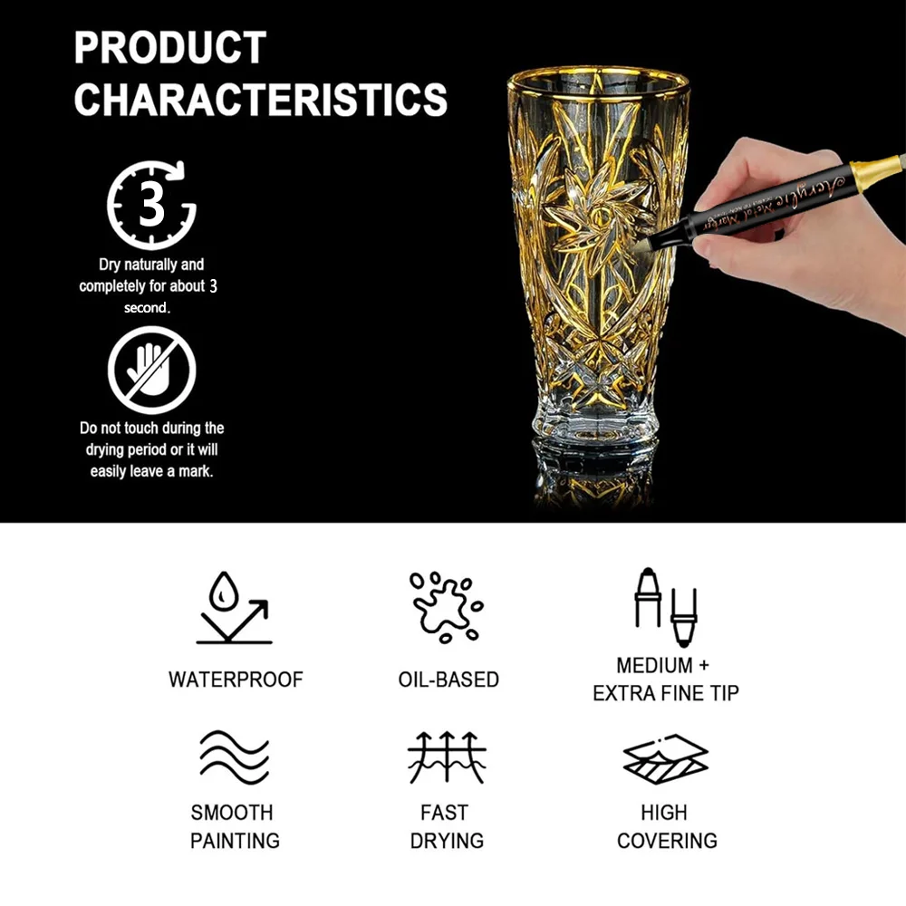 أقلام تحديد فنية من الأكريليك المعدني 12/24 لونًا - سريعة الجفاف ومقاومة للماء وناعمة |   للرسم اليدوي والإنشاء الفني والحرف اليدوية.