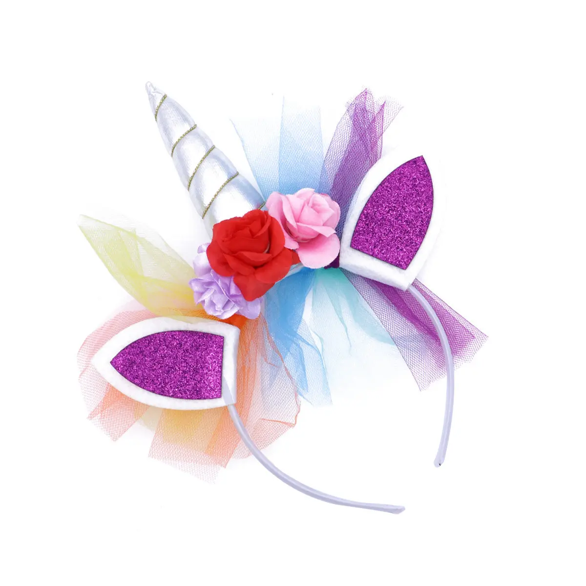Kids Unicorn Hairband Unicorn Headdress Headpiece with Delicate Grenadine Roses Animal Ears Horn Festival Christmas Costume