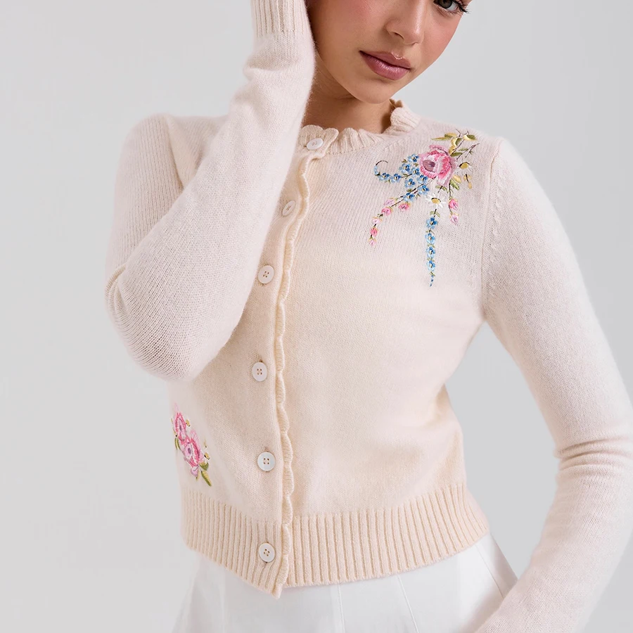 French Chic Cropped Sweater Cardigan Women Cream Floral Embroidery Knitted Autumn Winter Long Sleeve Ladies Y2K Knitwear Jersey