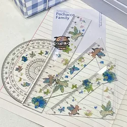 Cute Ccartoon Magical Cat with Wings Transparent Ruler 4-Piece Set Student's Triangle Ruler Protractor Plastic Ruler Stationery