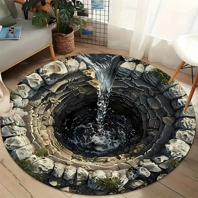3D Waterfall Illusion Round Rug, Stone Border Design Carpet Realistic Water Flow Pattern Modern Home Decor Centerpiece