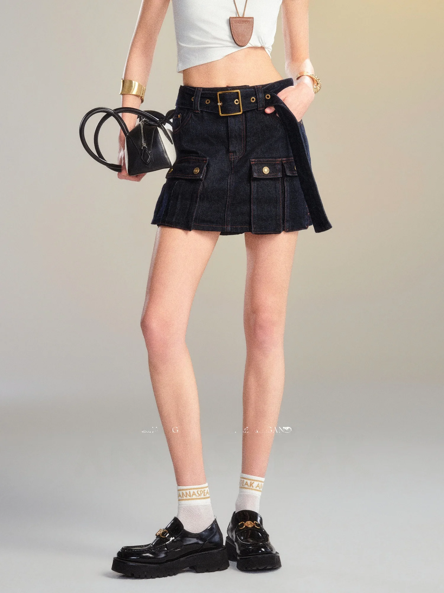 

Annaspeak Vintage High Waist Denim Skirt Belted Workwear Utility Shorts Summer Breathable Cotton Stretch Jeans for Women