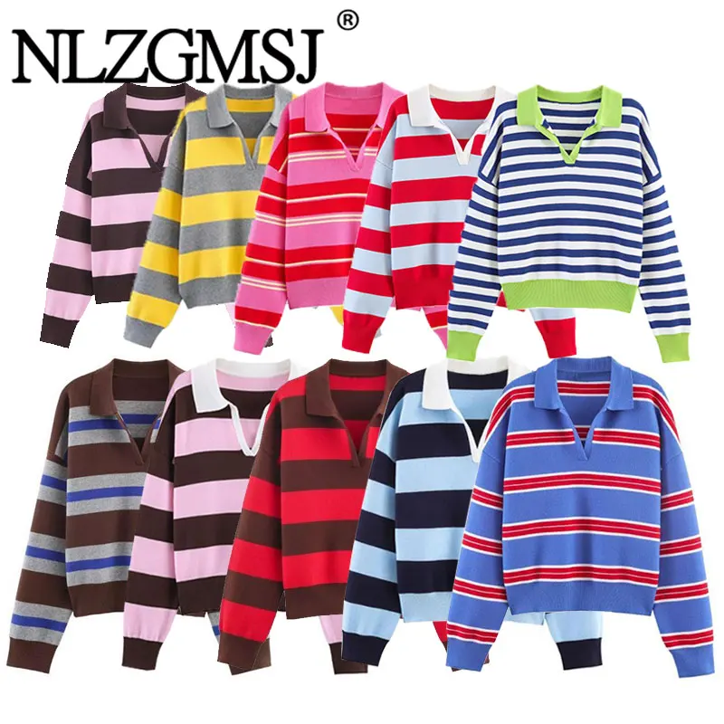 Nlzgmsj 2025  Autumn High Street Chic Women Striped Knitted  Sweaters Women Full Sleeve Vintage Style Tops