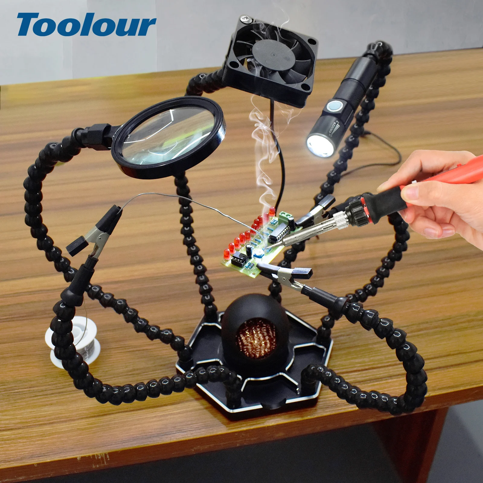 Toolour Helping Hand Soldering Third Hands with 6 Flexible Arms LED Flashlight Magnifying Glass Large Aluminum Base for Solder