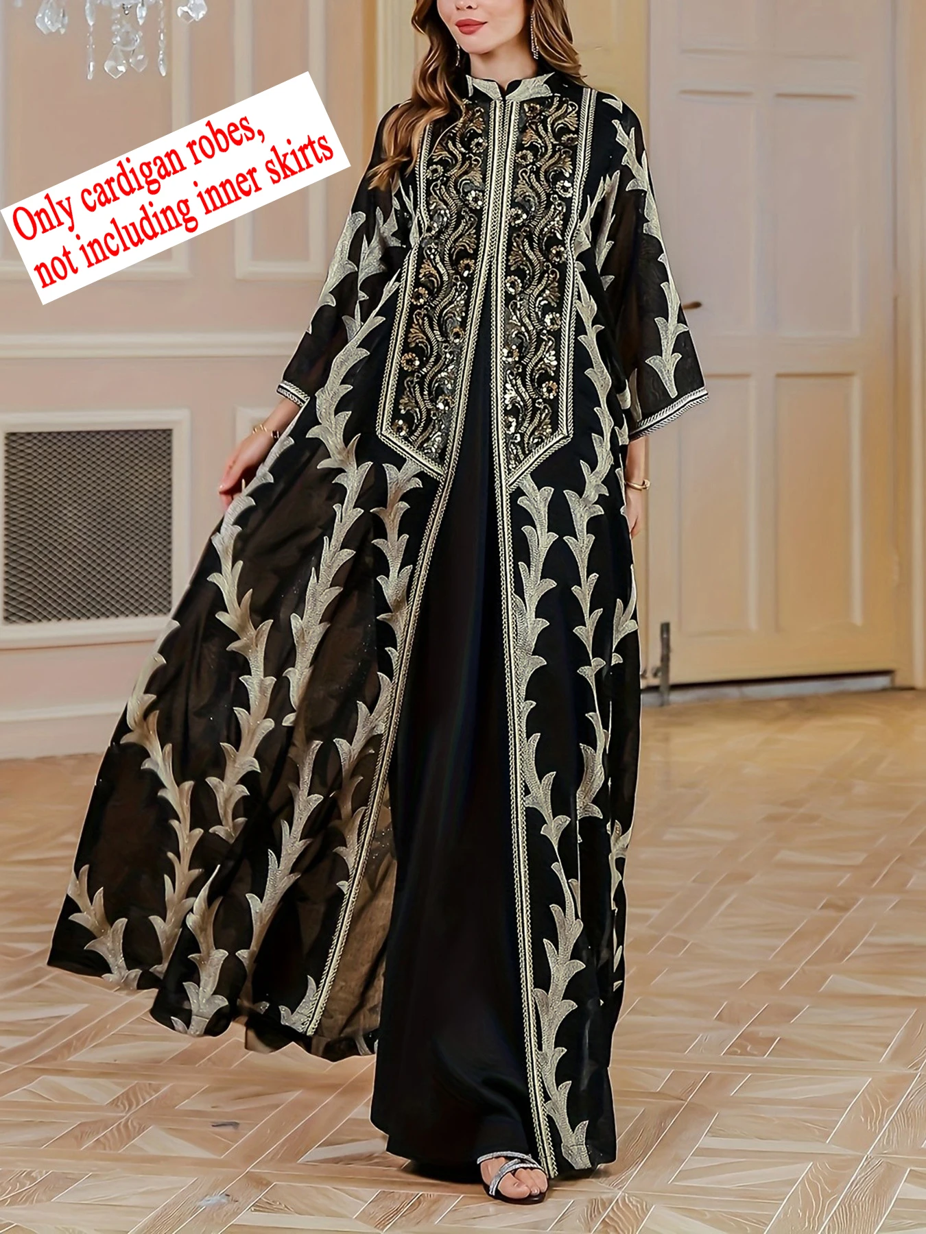 Middle East Women's Beaded Embroidery Long Robe Muslim Open Front Mesh Cover up Dubai Saudi Traditional Long Sleeve Dress