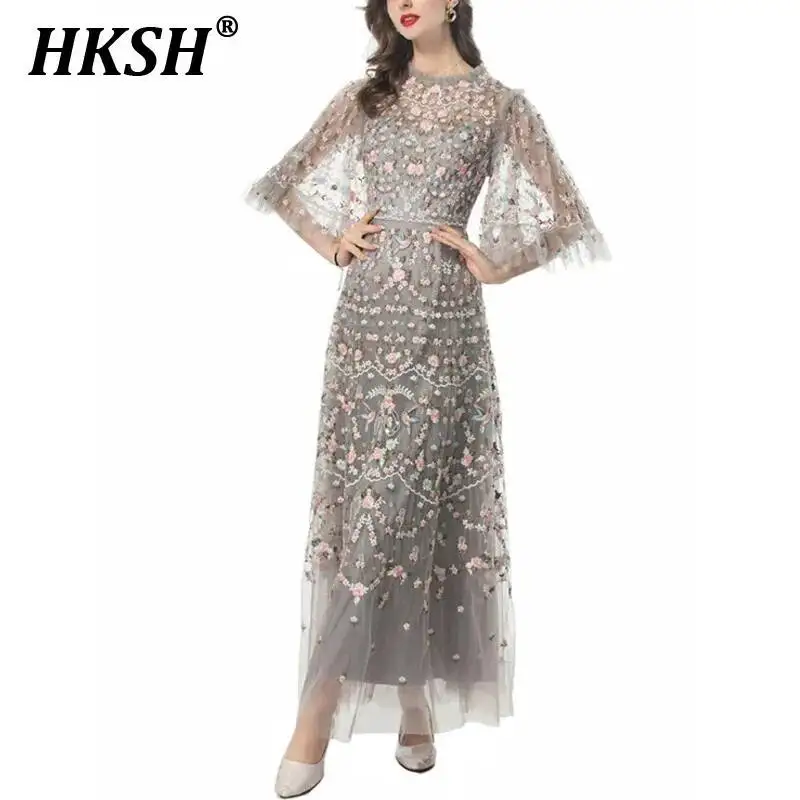 

HKSH новые летние женские шикарные элегантные модные повседневные легкие роскошные сетчатые длинные банкетные платья с вышивкой и круглым вырезом с половиной рукавов HK5315