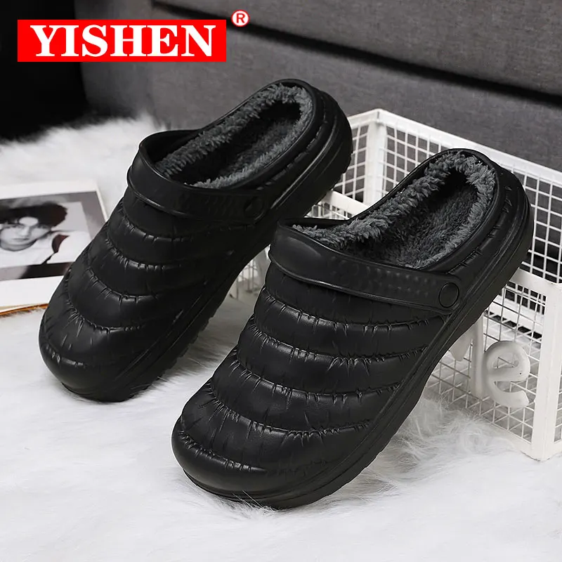 YISHEN Men's Slippers Winter Cotton Shoes Indoor Couple Slides Lightweight Warm Fleece Slippers For Women Chaussons Hiver Black