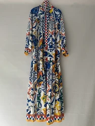 Retro designer geometric printing single-breasted long-sleeved loose dress 2024 autumn women's new fashion elegant lace-up dress